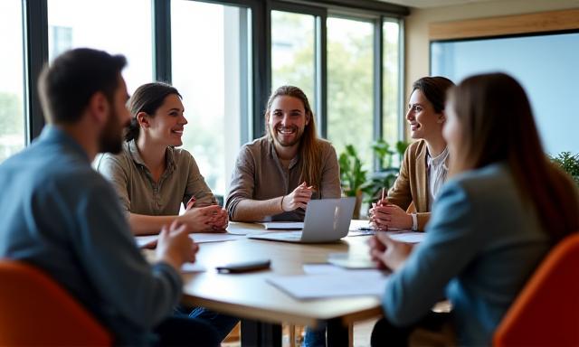 中小企業のオフィスでチームメンバーが笑顔でミーティングをしている様子